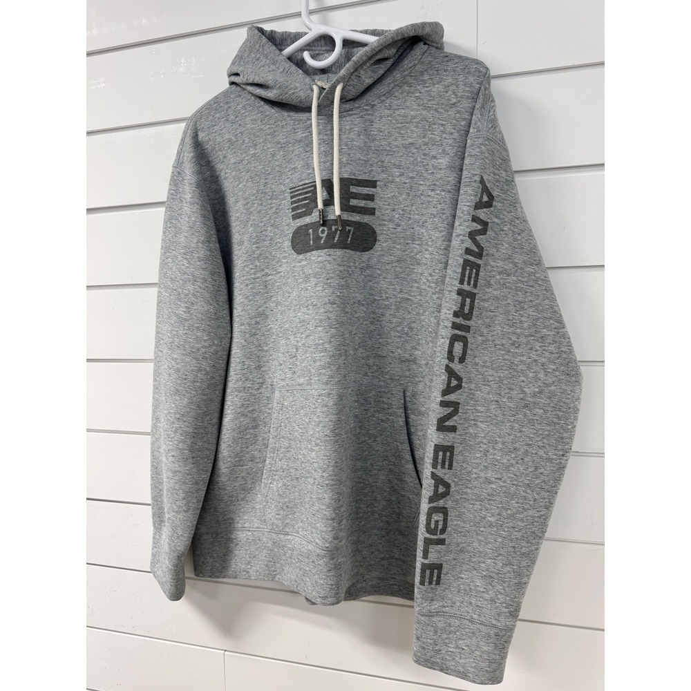 American Eagle Mens XL Grey 1977 Graphic Sleeve Print Pullover Hoodie Sweatshirt